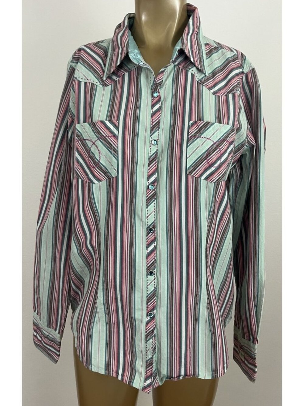 Twenty X Tailored Fit Women's Shirt L Metallic Stripe Snap Front Western Cowgirl